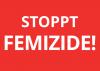 Postkartenmotiv weiße Schrift auf rotem Hintergrund: Stoppt Femizide!